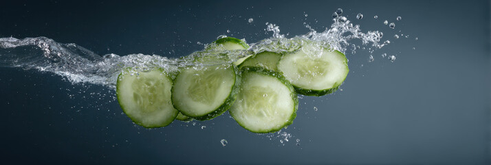 Cucumber splash water fresh slice green clean motion crisp cool and lively