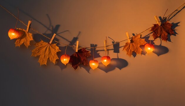 Autumn leaves glowing lantern garland create cozy seasonal atmosphere, warm orange light, rustic decor, creative home styling, soft shadows on wall.