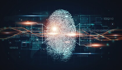 Digital fingerprint identity security technology concept with glowing blue lines, symbolizing modern data protection and advanced biometric authentication in a futuristic style.