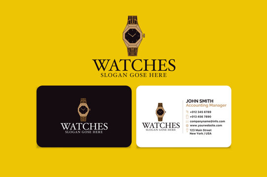 An elegant watch logo design is displayed with dark and white professional business card templates.