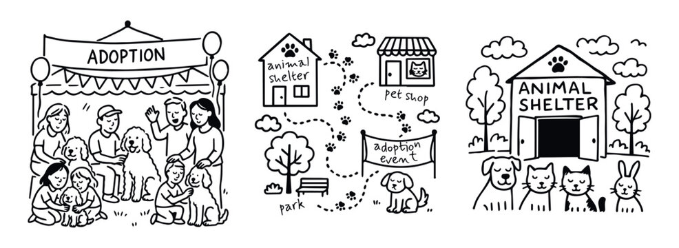 Black-and-white illustrations of pet adoption event, shelter map, and animal companions in three-panel community scene, vector