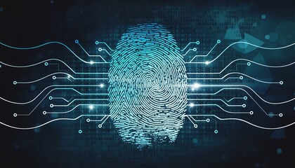 Digital fingerprint technology glowing network symbolizes secure access, futuristic identification, and biometric authentication in a modern cyber environment with blue gradient highlights.