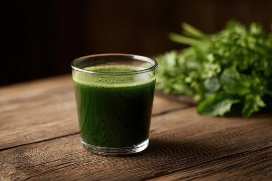 Green juice glass wooden table sunlight spirulina - Powered by Adobe