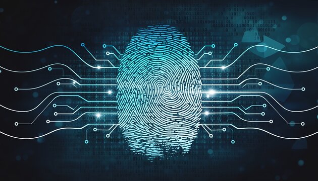 Digital fingerprint technology glowing network symbolizes secure access, futuristic identification, and biometric authentication in a modern cyber environment with blue gradient highlights. - Powered by Adobe