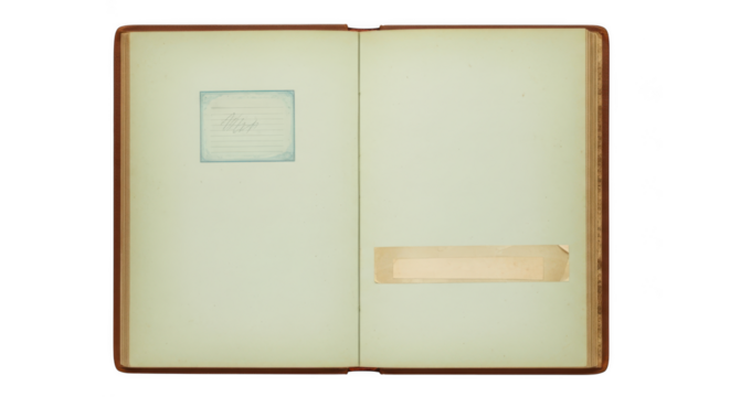 Open antique book with blank pages and a small sketch isolated on transparent background
