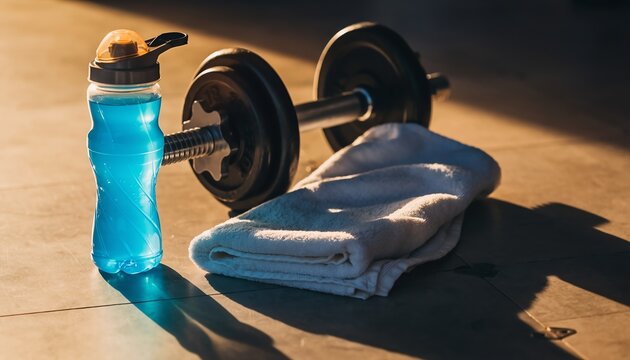Fitness essentials ready for motivation include blue sports drink, towel, and dumbbell, symbolizing hydration, strength, and healthy workout habits in a modern gym.