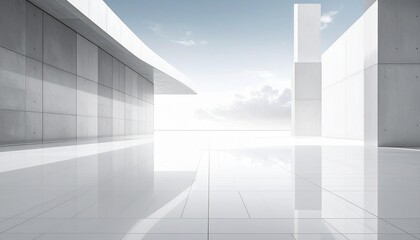 Obraz premium A futuristic white interior with curved architecture, expansive windows, and reflective floors, blending minimalism and natural light to create a sleek, open space under a bright blue sky.