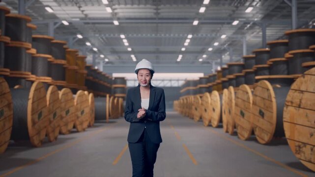 Front View of Asian Businesswoman Walking and Speech In Cable Coils Warehouse