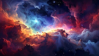 A surreal cosmic landscape with swirling galaxies, vibrant nebulae, glowing planets, and mountainous terrain merging into space, evoking a dreamlike fusion of astronomy and imagination.
