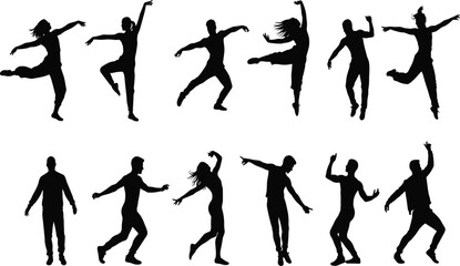 Set of active young adult silhouettes dancing, jumping, and exercising; dynamic movement; fitness; energy; men and women in various energetic poses; black vector collection.