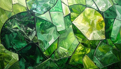 Angular green crystal-like shards intersect in layered abstraction, forming a dynamic geometric composition with vibrant tones, depth, and shadow play that evokes energy and digital aesthetics.