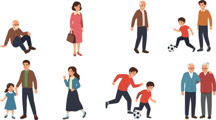 Multigenerational Family Characters Vector Set, People of All Ages Walking, Interacting, and Playing Soccer, Illustrating Grandparents, Parents, and Children.