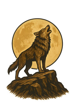 Vintage Alpha Wolf on Mountain Peak &ndash; Full Moon Howling Illustration