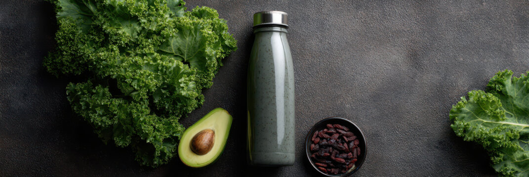 Green smoothie water bottle avocado kale goji berry enrich health vibes