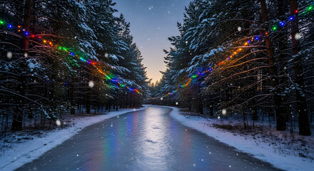 Magical winter forest ice path adorned with vibrant string lights under falling snow creates an enchanting holiday wonderland scene.