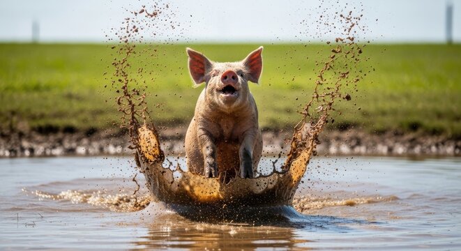 Happy domesticated pig jumping playfully in muddy puddle on sunny farm day - Powered by Adobe