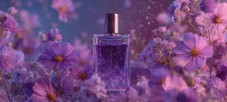Dreamy lilac and pink-purple perfume campaign visual with lavender and cosmos flowers, glowing twilight mist, sparkling purple daiquiri, metallic foil texture, soft ambient light, overlay-ready design
