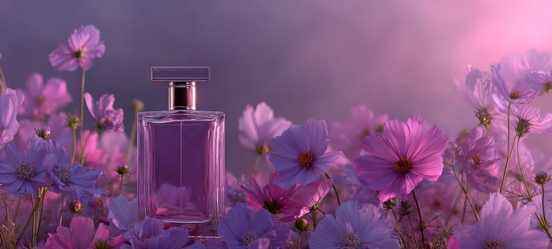Dreamy lilac and pink-purple perfume campaign visual with lavender and cosmos flowers, glowing twilight mist, sparkling purple daiquiri, metallic foil texture, soft ambient light, overlay-ready design