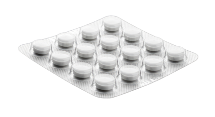 Silver Blister Pack With Sixteen White Round Pills Isolated On Transparent Background