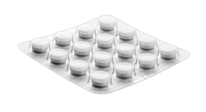 Silver Blister Pack With Sixteen White Round Pills Isolated On Transparent Background