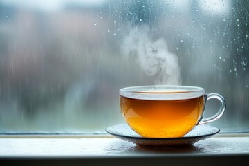 A quiet cup of tea emits steam while resting on a windowsill. Rain patters against the glass, enhancing the calm ambiance perfect for enjoying a moment of solitude
