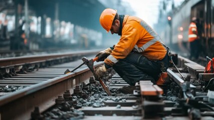Railway Worker: A dedicated railway worker focuses intently on maintaining the train tracks, showcasing his expertise and commitment to transportation infrastructure. 