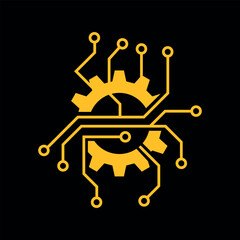 Technology gear brain logo, circuit and cog symbol in modern vector design