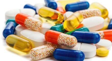 Assorted Pills and Capsules Pile White Background medicine