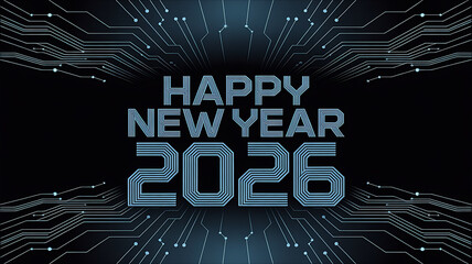 AI inspired composition showing glowing circuit patterns transforming into Happy New Year 2026 digital typography creating a futuristic celebration theme with vibrant luminous technology aesthetics