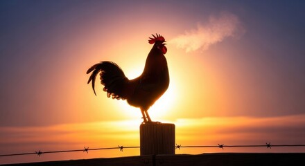 Rooster silhouette on wooden fence post against vibrant orange sunrise