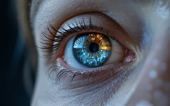 Human eye with digital circuit overlay, advanced bionic vision