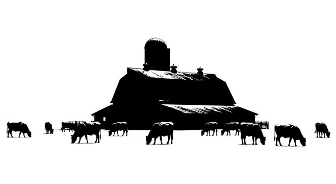 Rustic Farm Scene Silhouetted Barn and Grazing Cows in a Black and White Rural Landscape Illustration, Evoking Tranquility and Countryside Charm