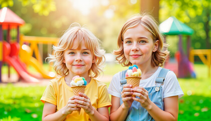 Two young girls smiling while holding ice cream cones in playground