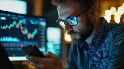 Businessman looking at smartphone while surrounded by financial data monitors and screens. - Powered by Adobe