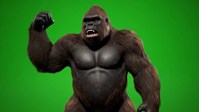 A muscular silverback gorilla poses with arms raised against a vibrant green backdrop