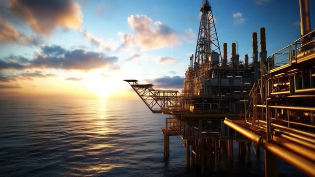 Oil Rig at Sunset: Capturing an industrial oil rig silhouette at sunset, its structures mirroring the tranquil ocean, with a golden sun casting an ethereal glow over the scene.
