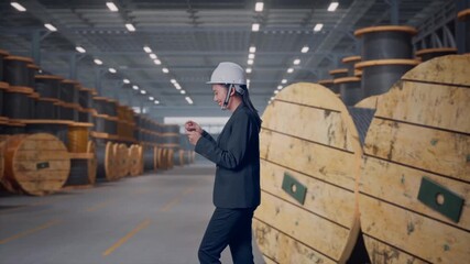 Side View of Asian Businesswoman Use Tablet While Walking In Cable Coils Warehouse