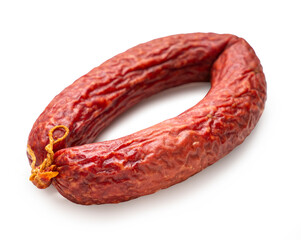 smoked sausage ring on a white isolated background