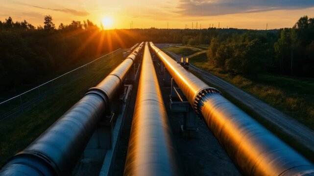 Pipeline to the Horizon: A symmetrical perspective showcases parallel pipelines stretching towards the radiant sunset. The image evokes a sense of industrial might and energy transport.
