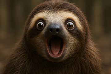 Fototapeta premium Close-up of a surprised sloth with wide eyes and an open mouth, looking directly at the camera with a shocked expression.