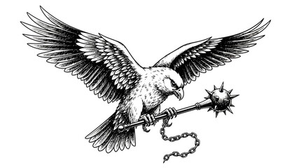Powerful avian predator clutching spiky mace illustration with spread wings of darkness