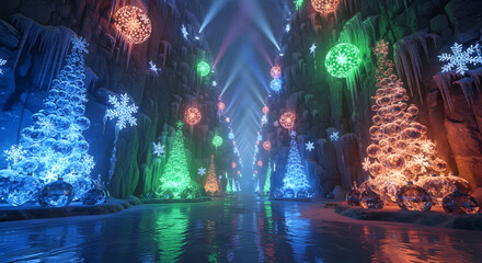Step into a magical winter wonderland cave adorned with vibrant, illuminated Christmas trees and sparkling snowflakes, creating an enchanting festive atmosphere.