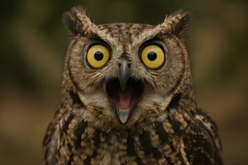 Obraz premium A close-up portrait of a surprised or hooting owl with wide yellow eyes and an open beak, showing detailed brown feathers.