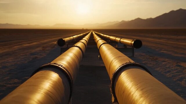 Industrial Pipeline: Capturing a long perspective of parallel pipelines, extending towards the horizon in a vast, arid landscape under the warm, natural light.