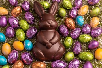 A chocolate Easter bunny sits proudly among a variety of colorful foil-wrapped chocolate eggs. This vibrant arrangement captures the spirit of the holiday and the joy of Easter celebrations