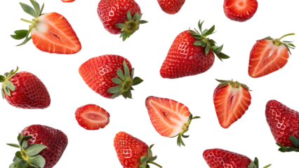 Scattered strawberries with green stems and some cut in half on black background