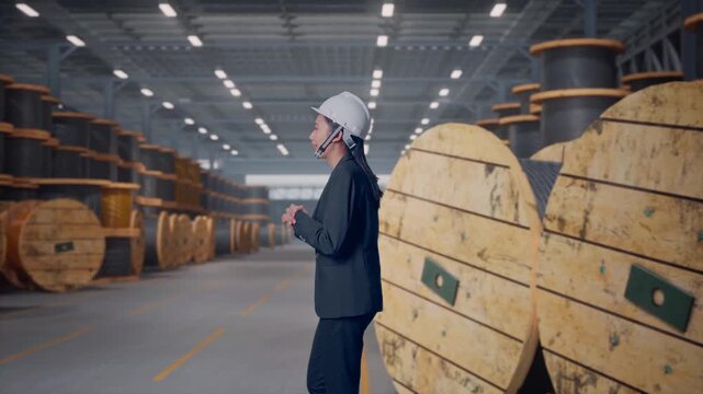 Side View of Asian Businesswoman Walking and Speech In Cable Coils Warehouse