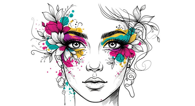 Elegant floral face artwork with vibrant colors and abstract design elements portrays beauty