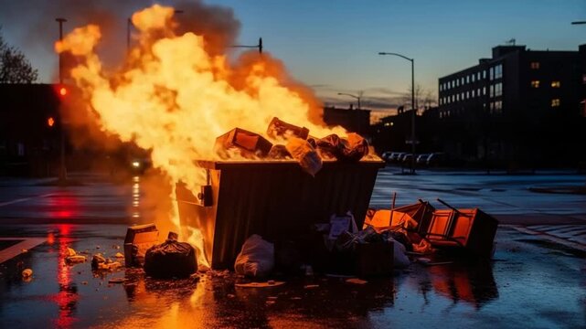 Blazing Inferno: A dramatic scene unfolds as flames erupt from a dumpster, illuminating a street with an eerie orange glow, evoking chaos and unrest.