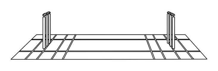 Crisp vector illustration of an empty cricket pitch with wickets, ready for a competitive match, embodying the spirit of sports, teamwork, and outdoor activity